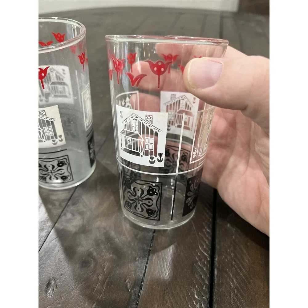 Vintage Amish Butterprint Tumblers‎ Set Of 2 Glass Rooster Juice Cup
